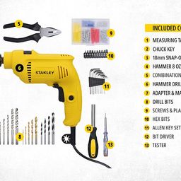 STANLEY SDH550KP 550W 10mm Corded Single Speed Hammer Drill Machine and Hand Tool Kit (120-Pieces) - Includes Hammer Drill, Measurement Tape, Drill Bits, Hammer, 1 Year Warranty, YELLOW & BLACK image 4