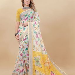 Inithi Woven Design Printed Pure Linen Zari Saree-picture-4