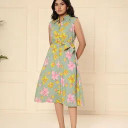 ARAVALII Floral Print Cotton A-Line Midi Dress-picture-35