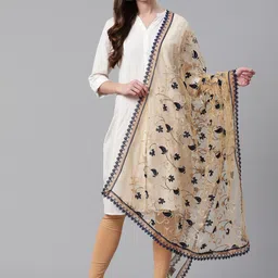 WEAVERS VILLA Beige & Navy Blue Embroidered Dupatta-10