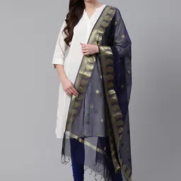 WEAVERS VILLA Navy Blue & Golden Woven Design Dupatta-picture-58