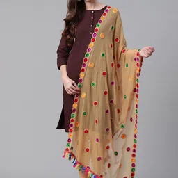 WEAVERS VILLA Beige & Red Embroidered Dupatta-13