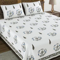 BLOCKS OF INDIA Blue & White Ethnic Motifs 210 TC King Bedsheet with 2 Pillow Covers-image-80