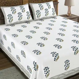 BLOCKS OF INDIA Blue & White Floral 210 TC King Bedsheet with 2 Pillow Covers-image-96