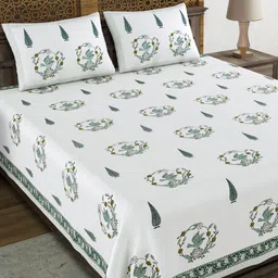 BLOCKS OF INDIA Green & White Ethnic Motifs 210 TC King Bedsheet with 2 Pillow Covers-image-82