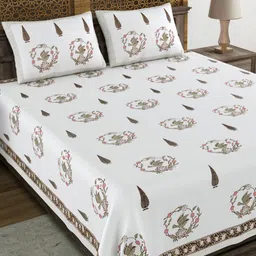 BLOCKS OF INDIA White Ethnic Motifs 210 TC King Bedsheet with 2 Pillow Covers-image-68