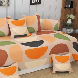 CHHILAKIYA Peach & Orange 8 Pcs  Geometric Printed Glace Cotton Diwan Set-28