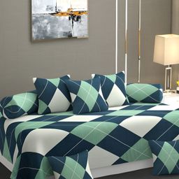 CHHILAKIYA  Blue & Green  8 Pcs Geometric Printed Glace Cotton Diwan Set-34