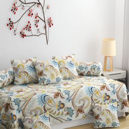 CHHILAKIYA Off White & Blue  8 Pcs Floral Printed Glace Cotton Diwan Set-23