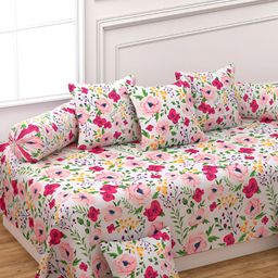 CHHILAKIYA White & Pink 8 Pcs Floral Printed Glace Cotton Diwan Set-15