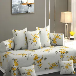 CHHILAKIYA Grey & Yellow 8 Pcs Floral Printed Glace Cotton Diwan Set-28