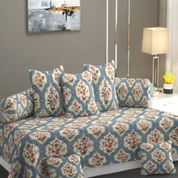 CHHILAKIYA Blue & Beige  8 Pcs Floral Printed Glace Cotton Diwan Set-12