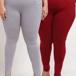 TAG 7 PLUS Women Grey & Maroon Set of 2 Plus Size Leggings-image-50