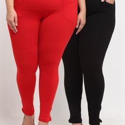 KLOTTHE Women Plus Size Pack of 2 Red & Black Solid Leggings-16
