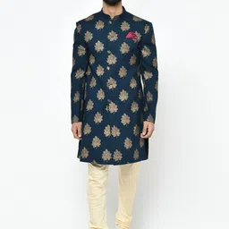 KISAH Men Navy Blue Printed Sherwani Set-image-76