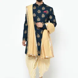KISAH Men Navy Blue & Gold Printed Sherwani with Dhoti Pants-image-39