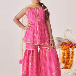 pspeaches Girls Leheriya Printed Empire Sequinned Kurta with Sharara & With Dupatta-image-97