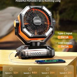 coldSky Rechargeable Table Fan with LED Light & Remote Control, High-Speed Portable Fan With 8 Speed Modes, 20000mAh Battery Operated fan Big Size with Hook for Home, Office, Kitchen (BlackOrange) image 3