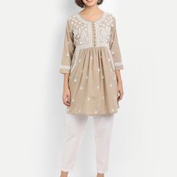 HOUSE OF KARI Floral Embroidered Pure Cotton Chikankari Pleated A-Line Kurti-image-58