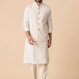 Tasva Regular Linen Kurta With Pyjamas & Nehru Jacket-image-58