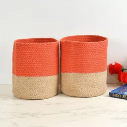 Homefab India Orange-Colored & Brown 2 Pieces Woven Cotton & Jute Planters Baskets-3