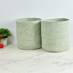 Homefab India Green & White 2 Pieces Braided Woven Cotton Planter Baskets-28