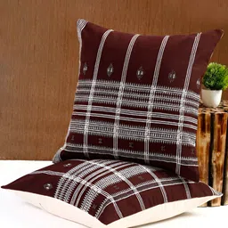 eyda Cream-Coloured & Maroon 2 Pieces Checked Cotton Square Cushion Covers-25