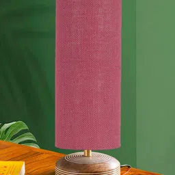 Devansh Pink & Brown Textured Wooden Cylindrical Shaped Contemporary Table Lamp-picture-33