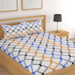 Lali Prints Blue & White Geometric Cotton 180 TC King Bedsheet with 2 Pillow Covers-image-59