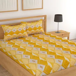 Lali Prints Mustard & Brown Abstract Cotton 180 TC King Bedsheet with 2 Pillow Covers-image-96
