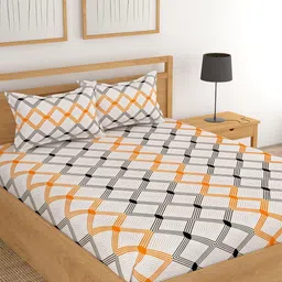 Lali Prints Orange & White Geometric Cotton 180 TC King Bedsheet with 2 Pillow Covers-image-70