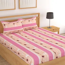 Lali Prints Pink & Peach Floral Printed Cotton 180 TC King Bedsheet with 2 Pillow Covers-image-46