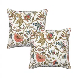 MONKDECOR White & Gold-Toned Set of 2 Floral Square Cushion Covers-21