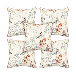 MONKDECOR Cream-Coloured & Grey Set of 5 Floral Square Cushion Covers-12