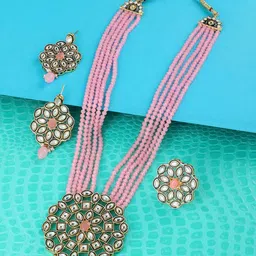 Zaveri Pearls Gold-Plated Pink Stone-Studded & Pearl Beaded Jewellery Set-image-12