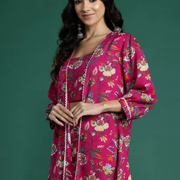 Sangria Floral Print Gotta Patti Top with Palazzos & Ethnic Jacket-image-99