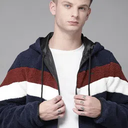 Roadster Men Navy Blue & White Striped Detail Padded Sherpa Jacket-37
