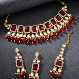 Peora Maroon & White Gold-Plated Kundan Studded Handcrafted Jewellery Set-41