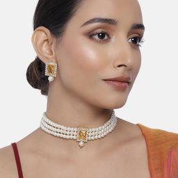 Peora White & Orange Gold-Plated Kundan Embellished Jadau Jewellery Set-image-39