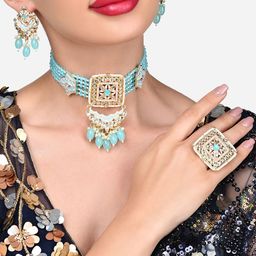 Zaveri Pearls Gold-Plated Kundan Studded & Beaded Meenakari Jewellery Set-image-94