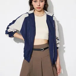 StyleCast x Revolte Women Mock Collar Colourblocked Casual Bomber Insulator Jacket-picture-5