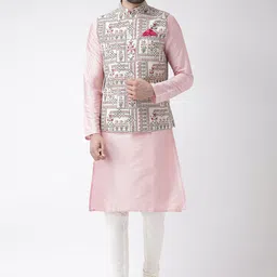 KISAH Men Mandarin Collar Pure Cotton Kurta with Churidar & Floral Printed Nehru Jacket-4