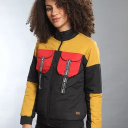 Campus Sutra Women Mustard Black Colourblocked Windcheater Bomber Jacket-image-86