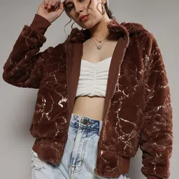 Campus Sutra Brown Self Design Faux Fur Trim Windcheater Bomber Jacket-picture-31