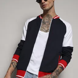 Campus Sutra Colourblocked Stand Collar Windcheater Cotton Varsity Jacket-picture-8