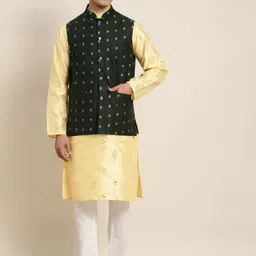 SOJANYA Men Yellow Ethnic Motifs Embroidered Mirror Work Kurta with Pyjamas & Nehru Jacket-35