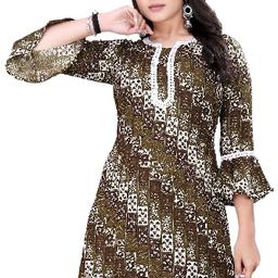 shree aksharam trends Aksharam Trends Presents Printed Rayon Fabric Tunic with Lace Boarder Pattern (AK-1330 R Tunic Lace Boarder Brown M) image 1