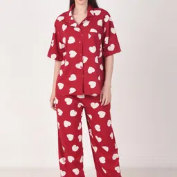 Masha Conversational Printed Lapel Collar Neck Short Sleeves Pure Cotton Shirt & Pyjamas-image-8