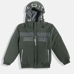 Fort Collins Boys Olive Green Typography Print Hooded Bomber Jacket-50