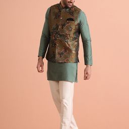 KISAH Men Abstract Regular Fit Woven Design Kurta Nehru Jacket Trouser Set image 1